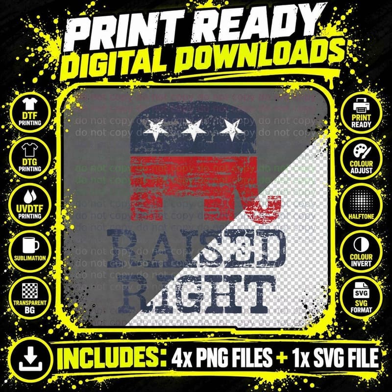 Raised Right Elephant Retro Style T-Shirt Png SVG Digital Bundle