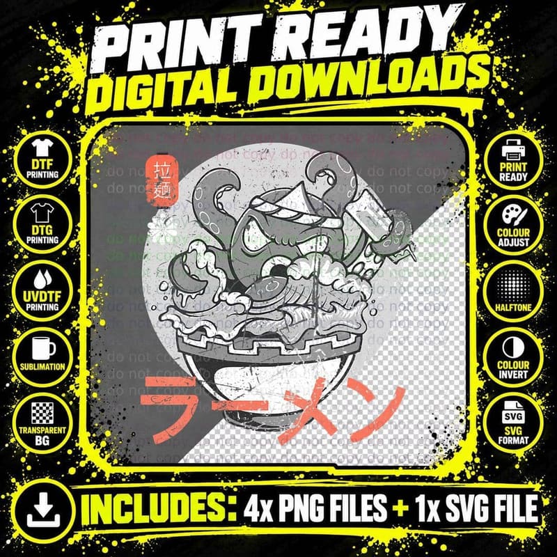 Ramen Japanese Octopus Noodles Vintage Japanese Culture Png SVG Digital Bundle