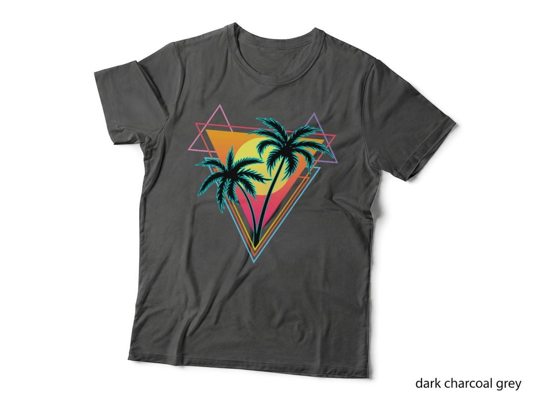 Retro 1980s 1990s Vaporwave Palm Trees Sunset Beach Art T-Shirt