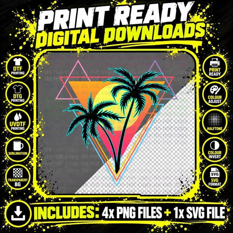 Retro 1980s 1990s Vaporwave Palm Trees Sunset Beach Art Png SVG Digital Bundle
