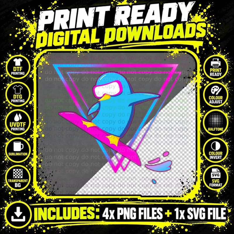Retro 90s Art Vaporwave Animal Cool Snowboarding Penguin Png SVG Digital Bundle