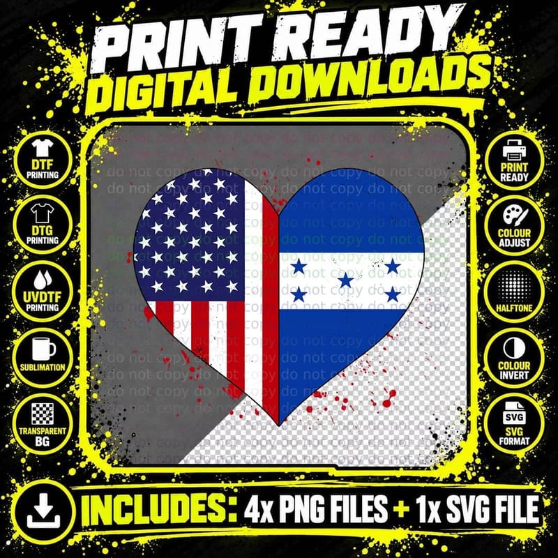 Retro American Honduras Heart Flag Hispanic Heritage Png SVG Digital Bundle
