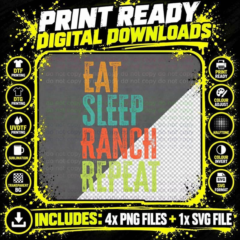 Retro Eat Sleep Ranch Repeat Legend Horses Ranching Png SVG Digital Bundle