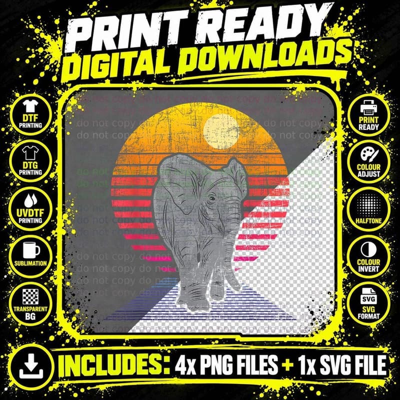 Retro Elephant Art - Zoologist Zookeeper Animal Lover Png SVG Digital Bundle
