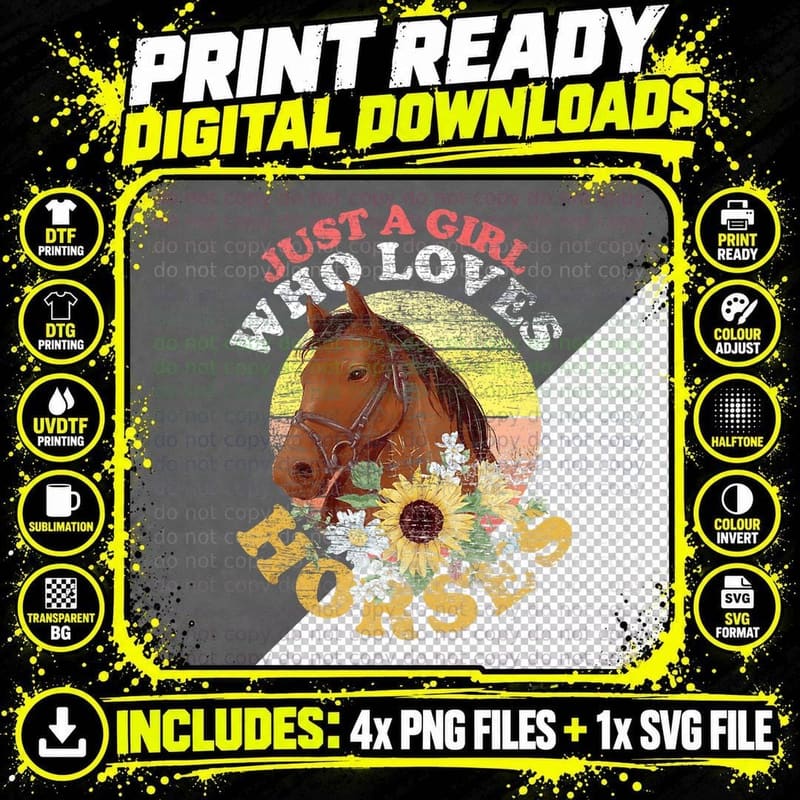 Retro Equestrian Women Just a Girl Who Loves Horses Png SVG Digital Bundle