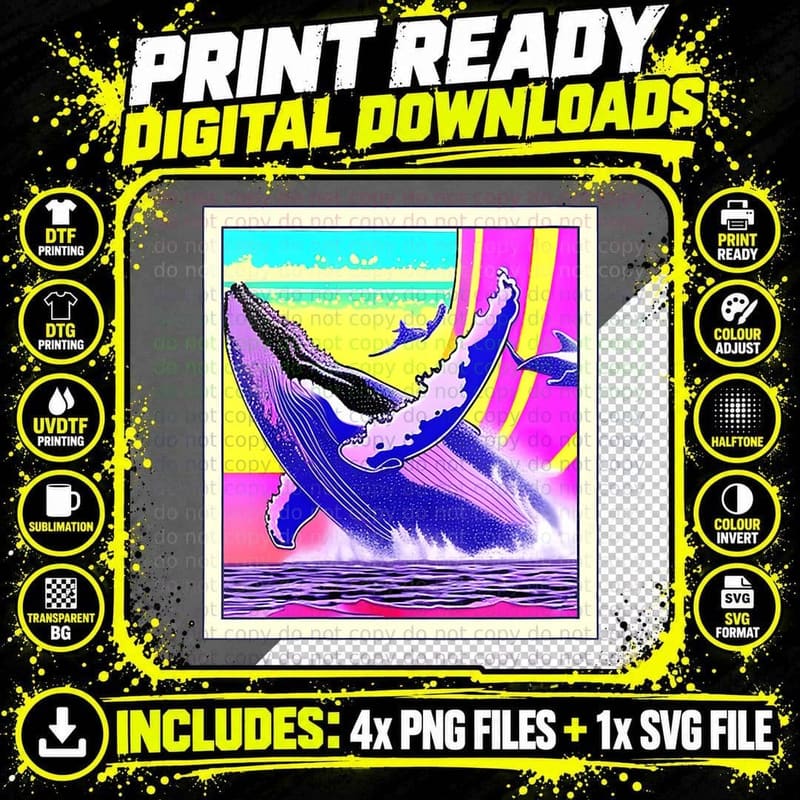 Retro Futuristic Whales Aesthetic Vaporwave Vintage Art Png SVG Digital Bundle