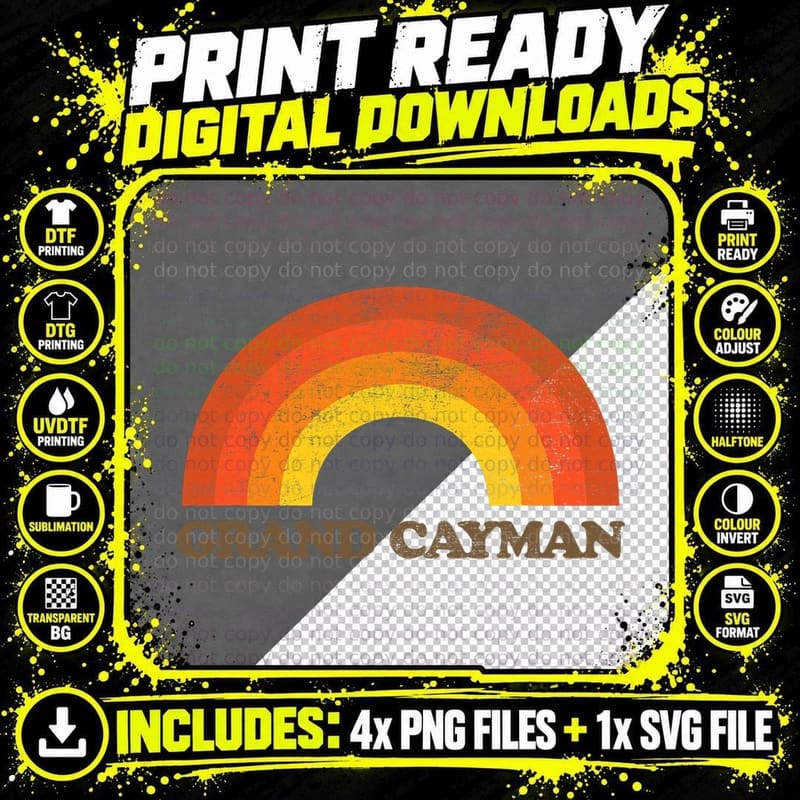 Retro Grand Cayman Islands Rainbow Vintage Throwback Png SVG Digital Bundle