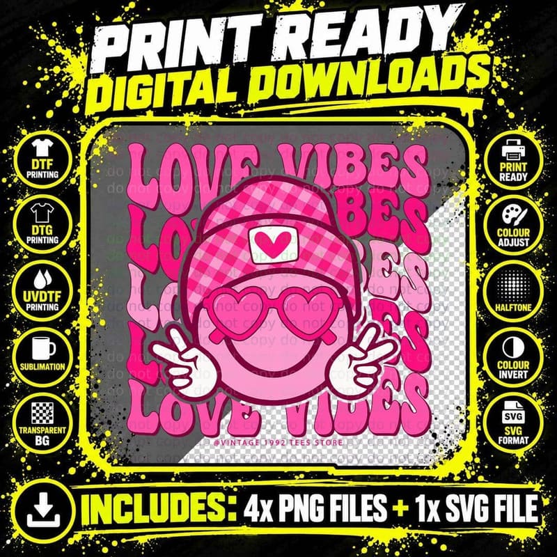 Retro Groovy LOVE Vibes Valentines Day Heart Eyes Happy Png SVG Digital Bundle