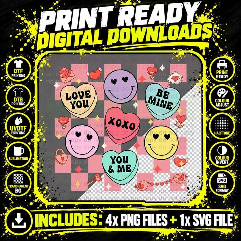 Retro Groovy Valentines Smile Candy Heart Happy Face Png SVG Digital Bundle