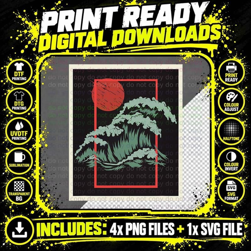 Retro Japan Wave Woodblock Japanese Art T-Shirt Png SVG Digital Bundle