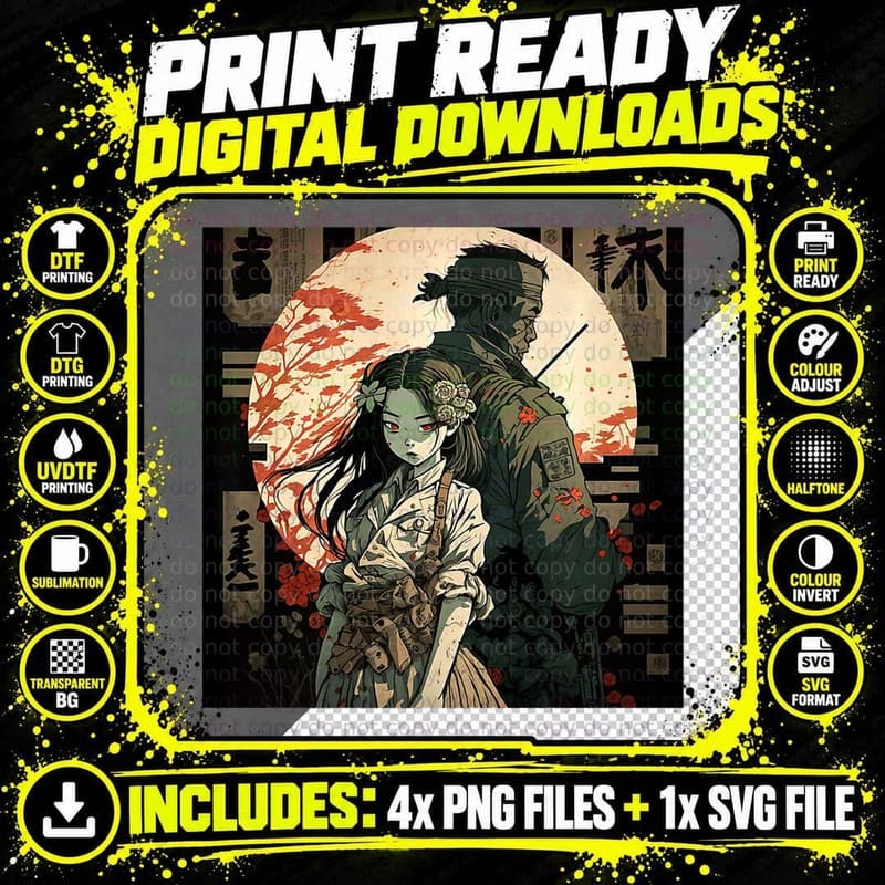 Retro Japanese Art, Romantic Vintage Artwork from Japan Png SVG Digital Bundle