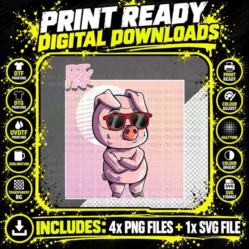 Retro Japanese Pig Vaporwave Aesthetic Pink T-Shirt Png SVG Digital Bundle
