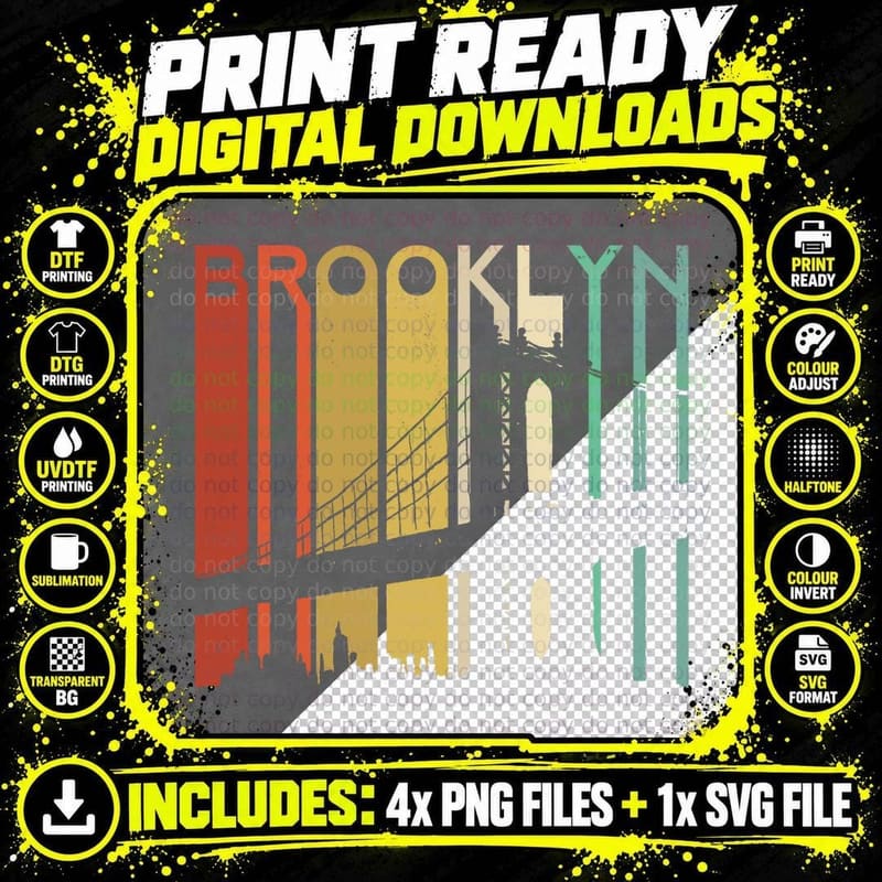 Retro New York Brooklyn Bridge Vintage City Skyline NYC Png SVG Digital Bundle