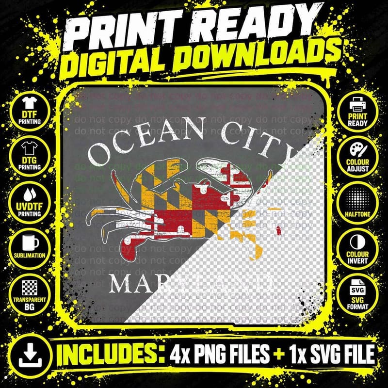 Retro Ocean City Maryland Crab State Flag Vintage Travel Png SVG Digital Bundle
