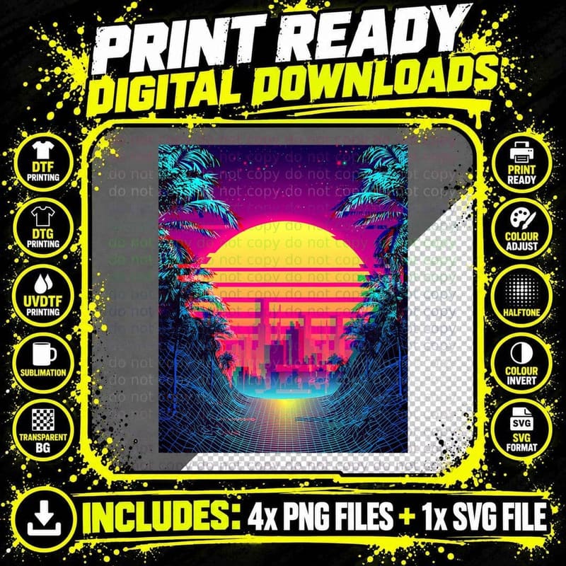 Retro Outrun Synthwave Aesthetic 80's Vaporwave T-Shirt Png SVG Digital Bundle