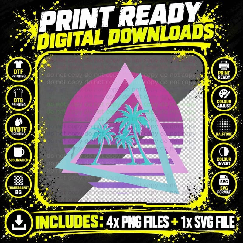 Retro Palm Trees Beach 80s Art Vaporwave Tropical Summer Png SVG Digital Bundle