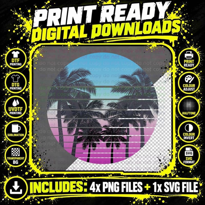 Retro Palm Trees Vaporwave Sunset 1980s Summer Vacation Png SVG Digital Bundle
