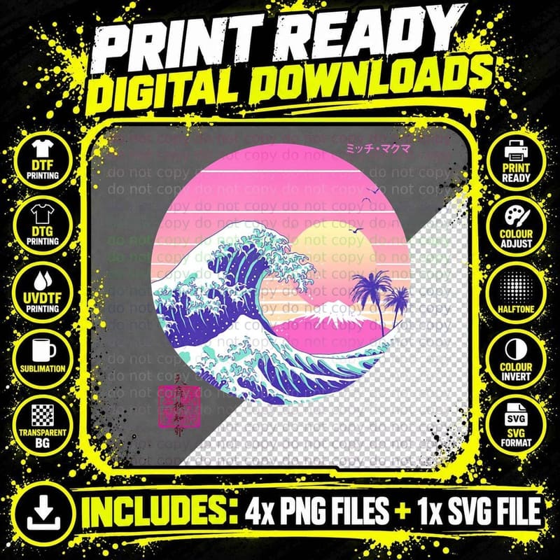 Retro Vaporwave Great Wave Japanese Aesthetic Design Png SVG Digital Bundle