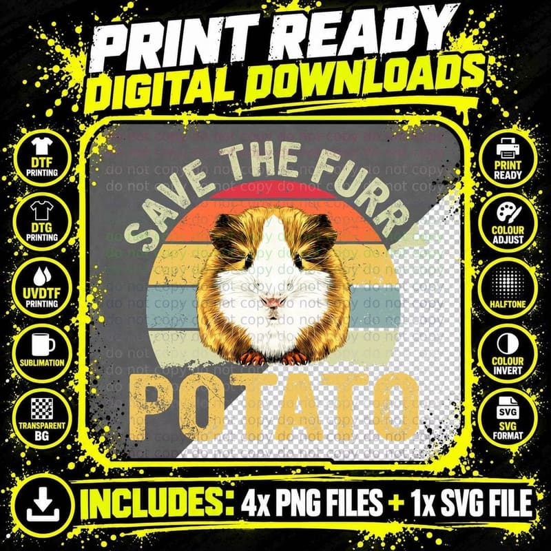 Retro Vintage Sunset Save the Furry Potato Guinea Pig Png SVG Digital Bundle