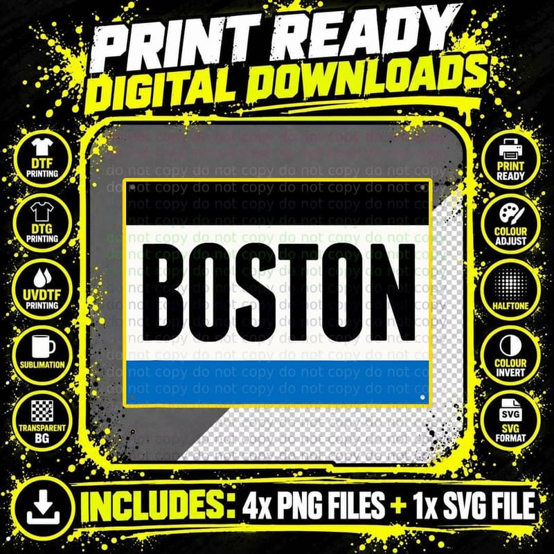 Retro Yellow Boston Massachusetts MA Running Bib Stencil Png SVG Digital Bundle