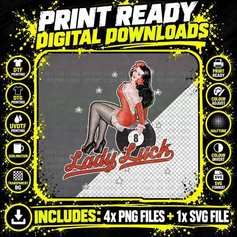 Rockabilly Vintage Retro Lucky Girl Tattoo Pin up T-Shirt Png SVG Digital Bundle