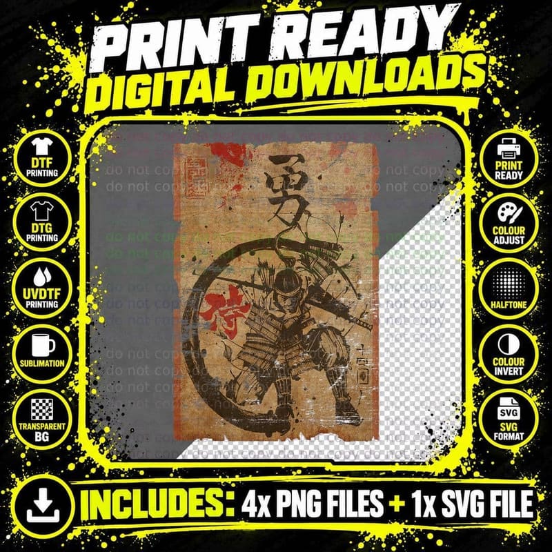 Samurai Japanese Retro Art Print Bushido Japan Warrior Png SVG Digital Bundle