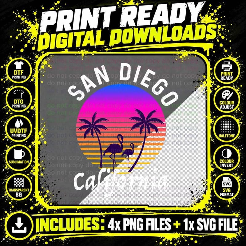 San Diego CA Vaporwave Aesthetic Sunset Skyline Retro Png SVG Digital Bundle