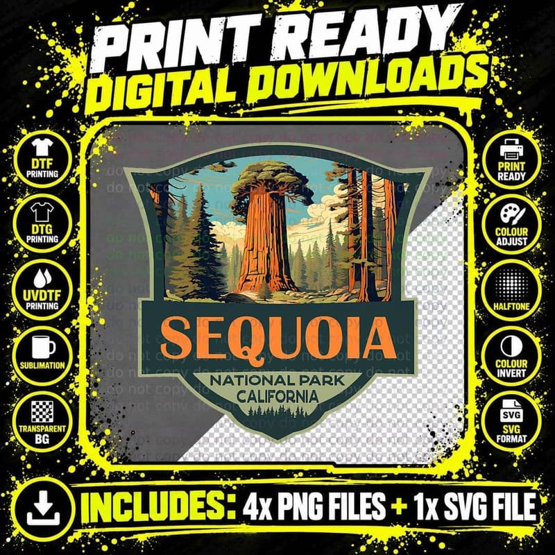 Sequoia National Park Illustration Travel Retro Badge Png SVG Digital Bundle