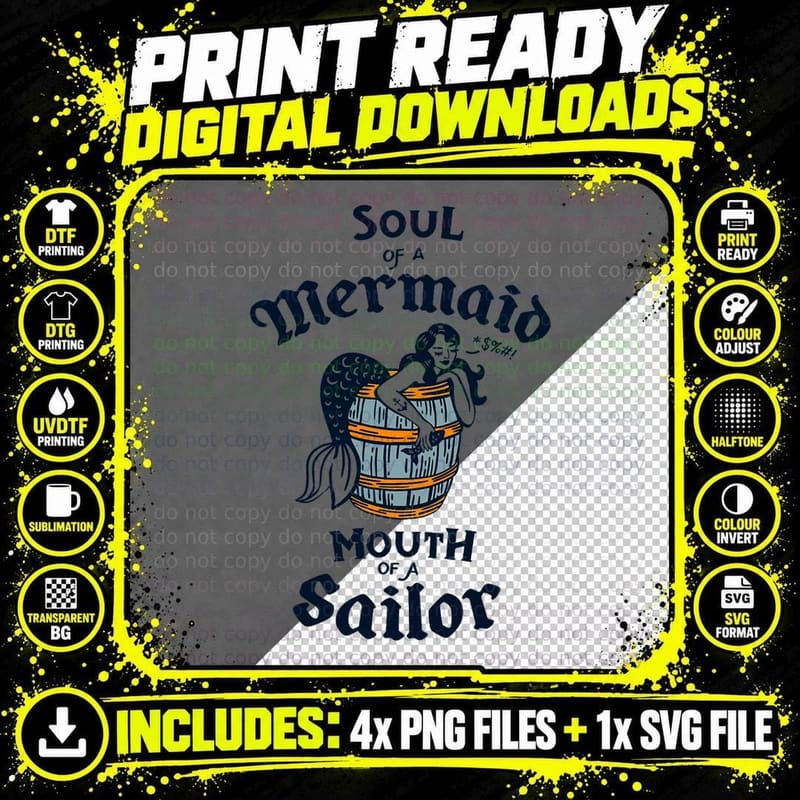 Soul of a Mermaid, Mouth of a Sailor Cute Vintage Png SVG Digital Bundle