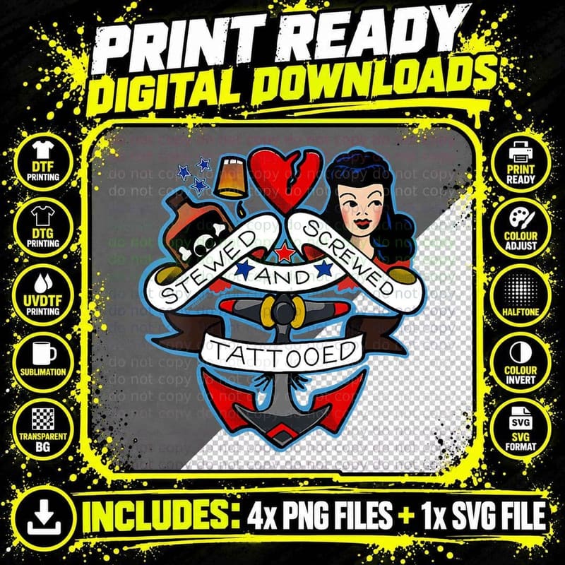 Stewed Screwed and Tattooed Vintage Tattoo Png SVG Digital Bundle