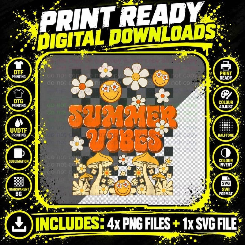 Summer Vibes Retro Smile Daisy Groovy Summer Vacation Png SVG Digital Bundle