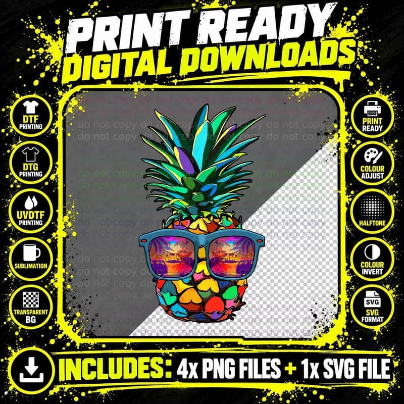 Sunglasses Pineapple Aloha Hawaii Beach Hawaiian Retro Png SVG Digital Bundle