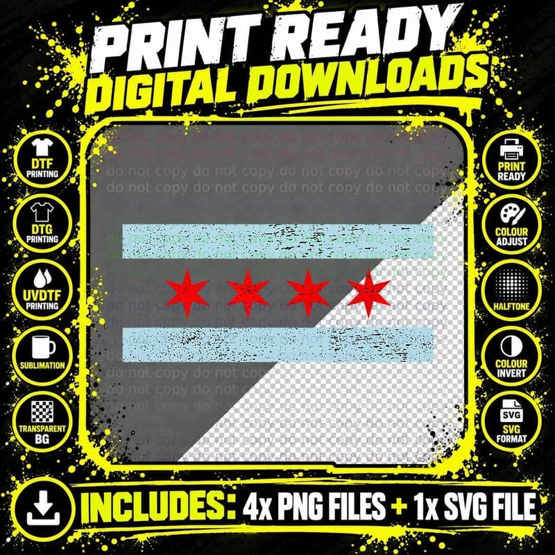 Sweet Vintage Retro Chicago Flag Red Six Pointed Stars Png SVG Digital Bundle