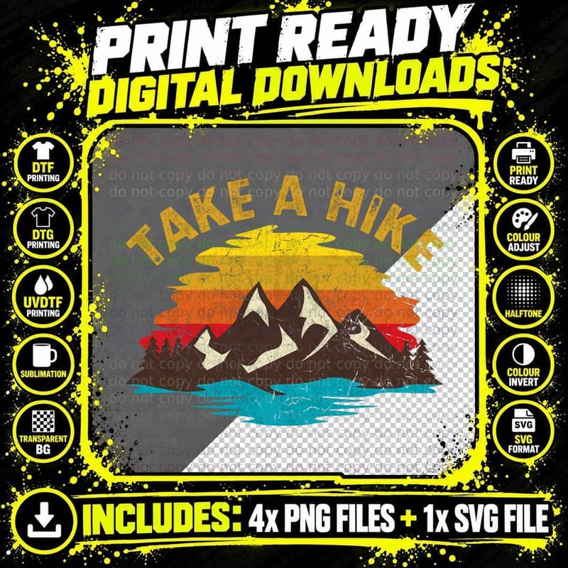 Take a Hike Outdoor Sunset Vintage Style Mountains Png SVG Digital Bundle