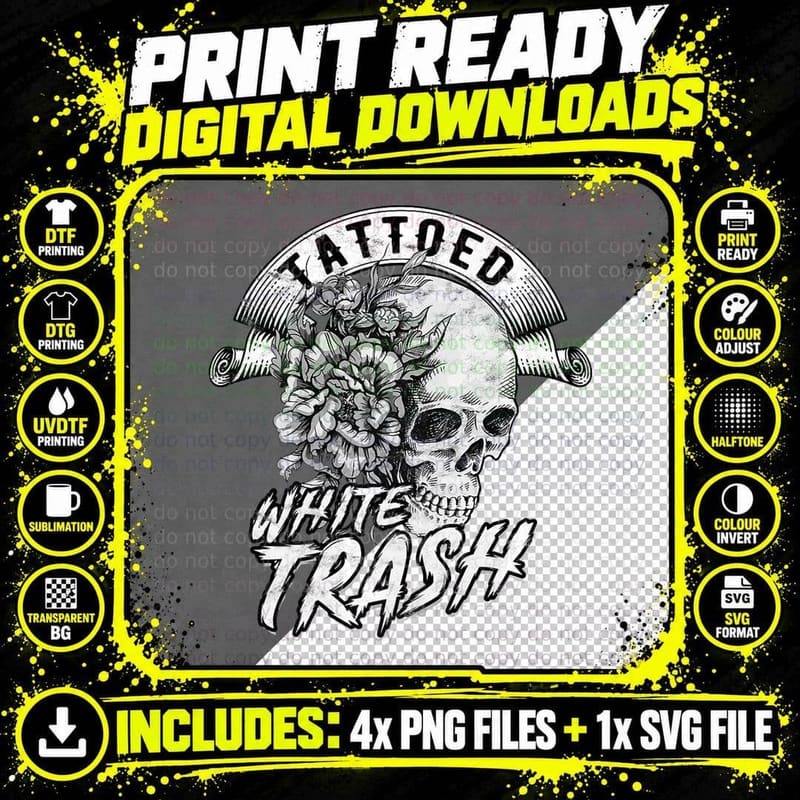 Tattooed White Trash - Tattoo Artist Distressed Png SVG Digital Bundle