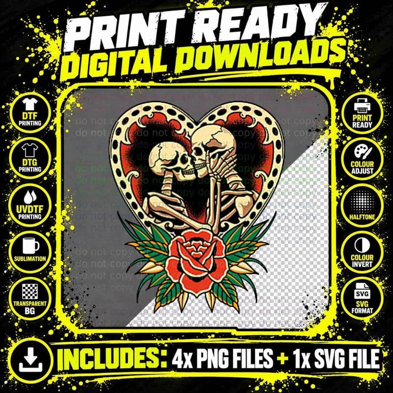 The Lovers Skeletons Vintage Traditional Tattoo Retro Png SVG Digital Bundle