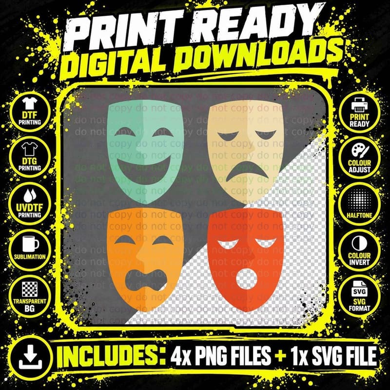 Theatre Masks Acting Vintage Musical Drama Actor Actress Png SVG Digital Bundle