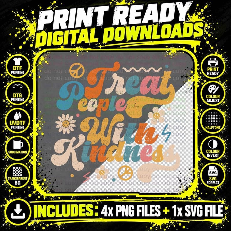 Treat People with Kindness, 70s Groovy Kind Peace Png SVG Digital Bundle