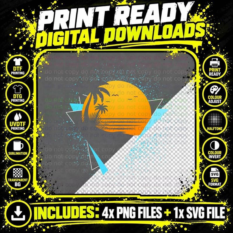 Tropical 80s Aesthetics Palm Trees Sunset Retro Png SVG Digital Bundle