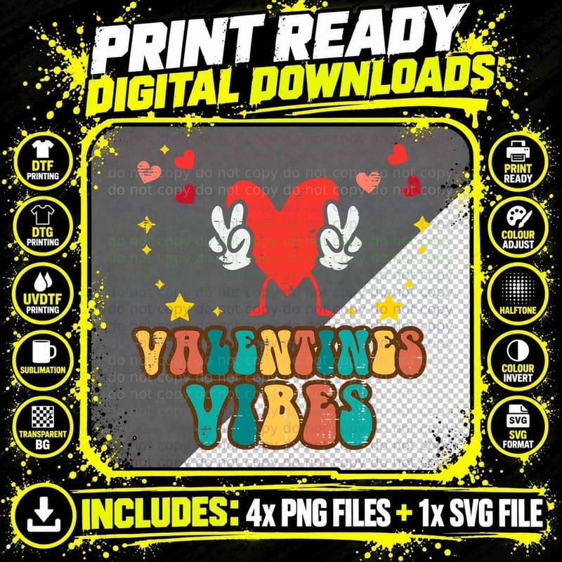 Valentines Day Vibes Heart Peace Retro Groovy Men Women Png SVG Digital Bundle