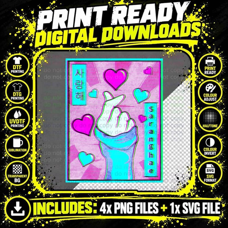 Vaporwave Aesthetic Kpop Finger Heart Saranghae Retro Png SVG Digital Bundle