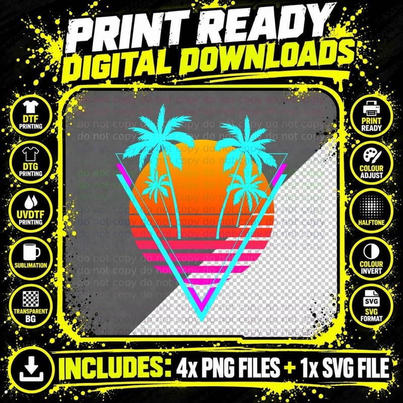Vaporwave Aesthetic Retro Sunset Palm Tree Retrowave Png SVG Digital Bundle