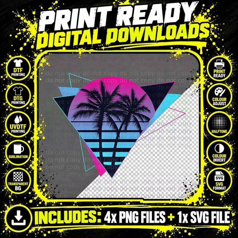 Vaporwave Aesthetic Retro Synthwave Sunset and Palm Png SVG Digital Bundle