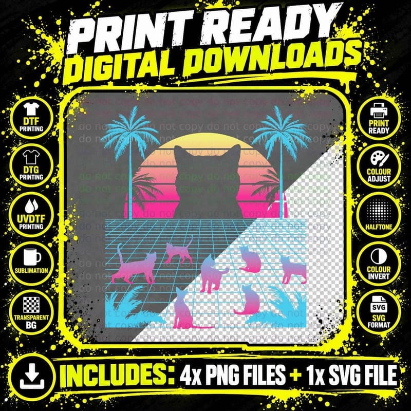 Vaporwave Cats - Retro Vintage Sunset - 80s 90s Japanese Png SVG Digital Bundle