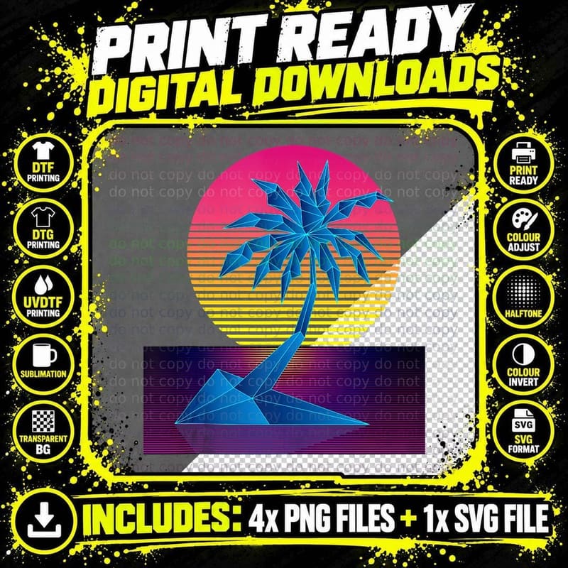 Vaporwave Digital Art Palm Tree & Sunset Retro 80s Beach Png SVG Digital Bundle