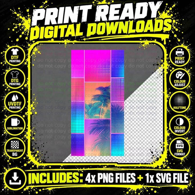 Vaporwave Rainbow Colors Palm Abstract Art Retro 80s Png SVG Digital Bundle