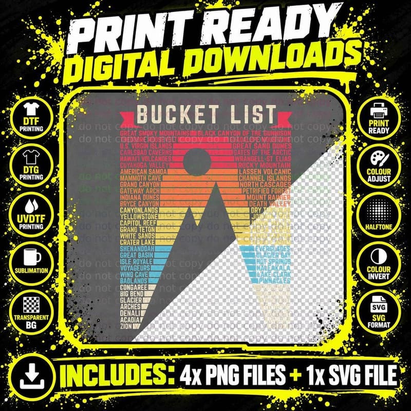 Vintage 62 US National Parks Scratch off Bucket List Png SVG Digital Bundle