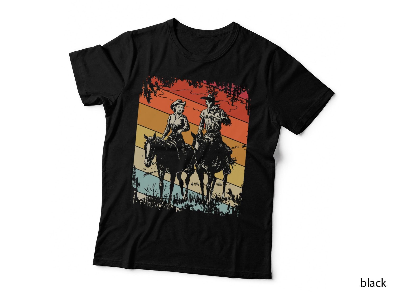 Vintage Cowboy and Cowgirl Riding Horses in Western Country T-Shirt
