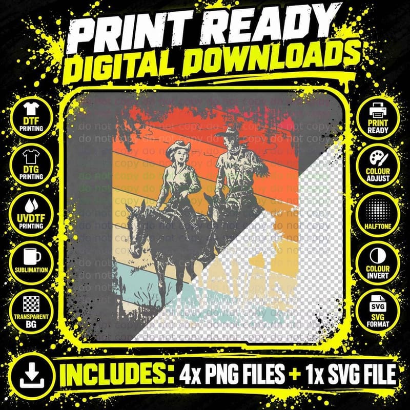 Vintage Cowboy and Cowgirl Riding Horses in Western Png SVG Digital Bundle