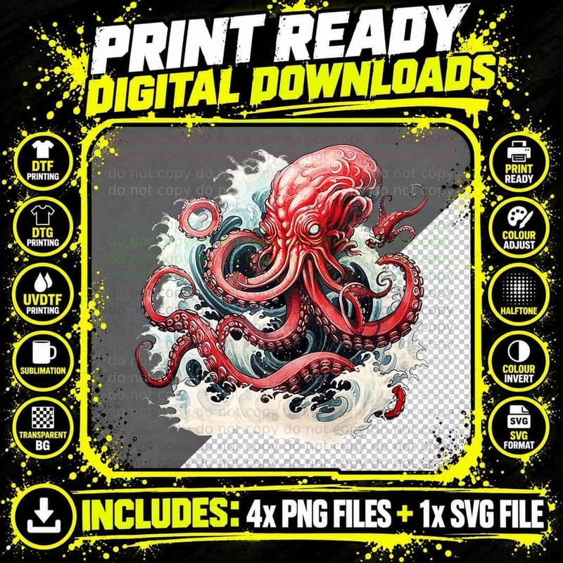 Vintage Japanese Kanagawa Wave Octopus Graphic Japan Png SVG Digital Bundle